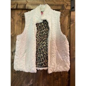 Betsey Johnson Vest Womens Medium White Faux Fur Sequin Leopard Print Lined